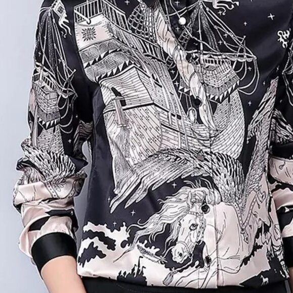 Women's Shirt Silk Black and White Printed Blouse - Picture 3 of 12